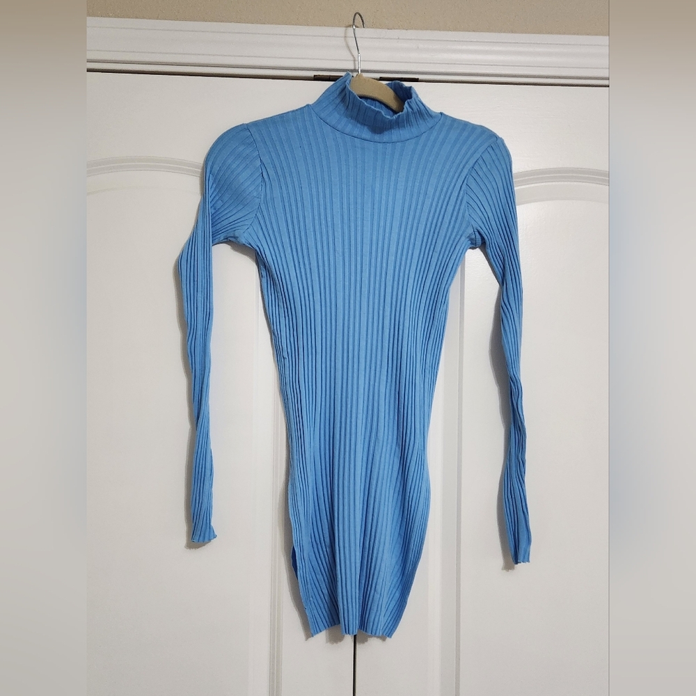 Zara Light Blue Knit Long Sleeve Ribbed Mock Turtleneck Shirt
